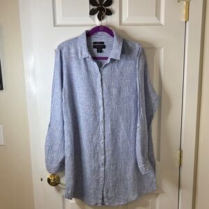 Tahari washable Linen Oversized Shirt in Textured Blue Roll-up Long Sleeves sz M